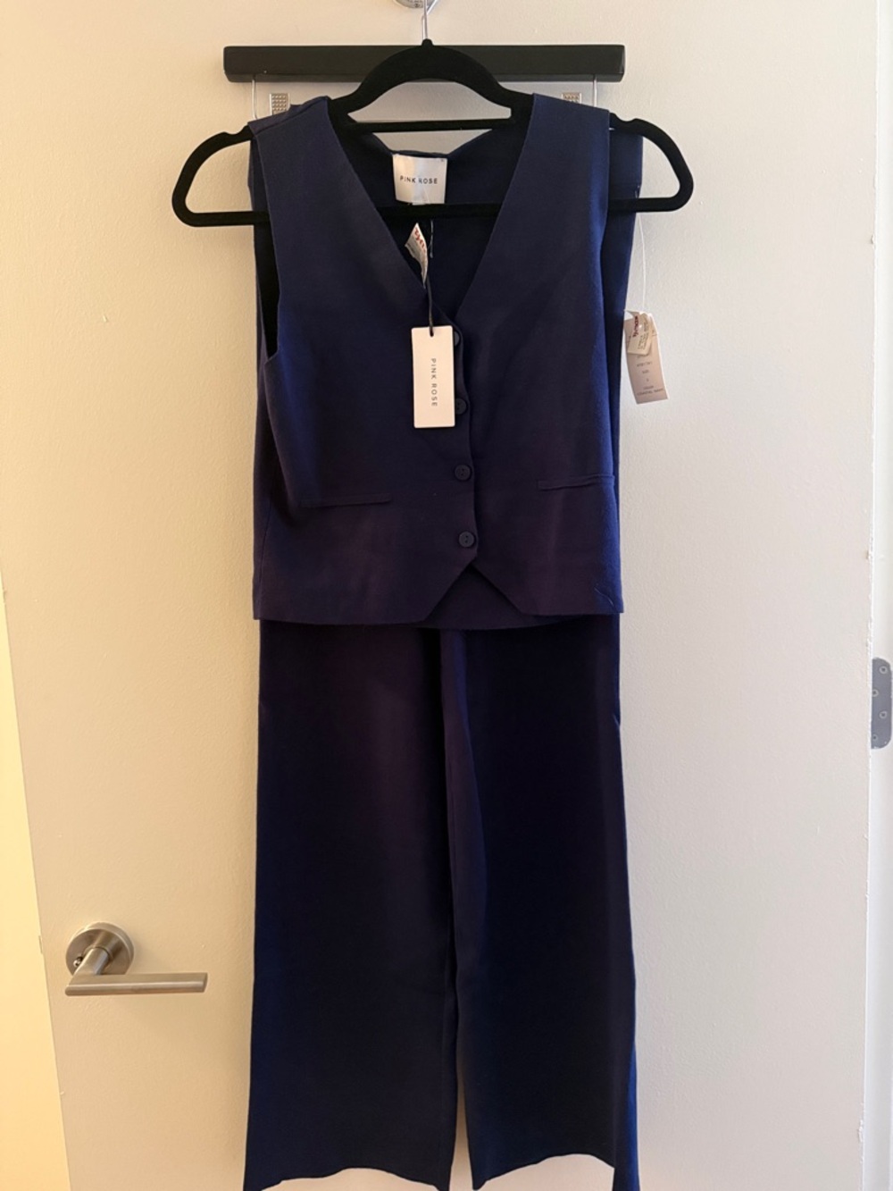 NWT Pink Rose Navy Sleeveless Vest and Wide-Leg Pants Set
